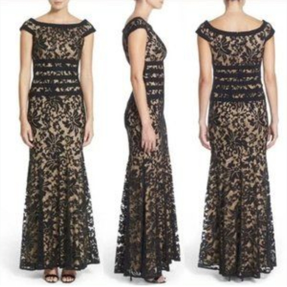Tadashi Shoji Banded Lace  Black and Tan Maxi Gown with Flutter Cap Slee… - Picture 2 of 12